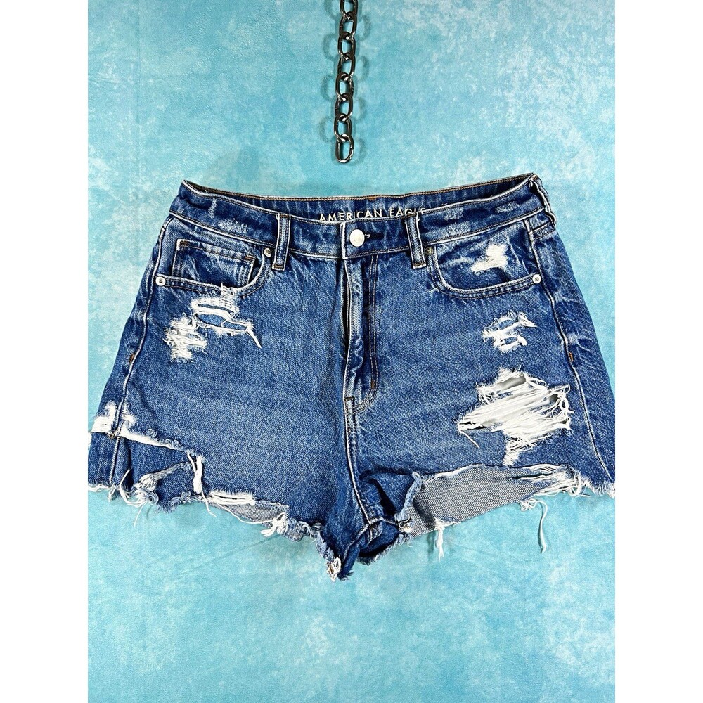 American Eagle Outfitters Mom Short Distressed Cutoff Denim Blue 8 5-Pocket